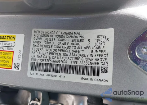 2022 Honda Civic Sport from USA, damaged, VIN 2HGFE2F50NH597620
